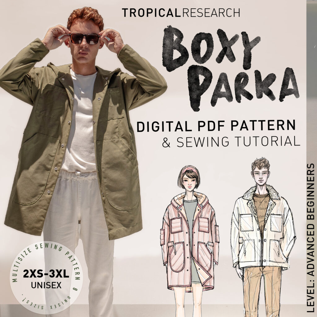 boxy parka cover image - me wearing a long green version with hood as well as illustrations of the short version and quilted hack